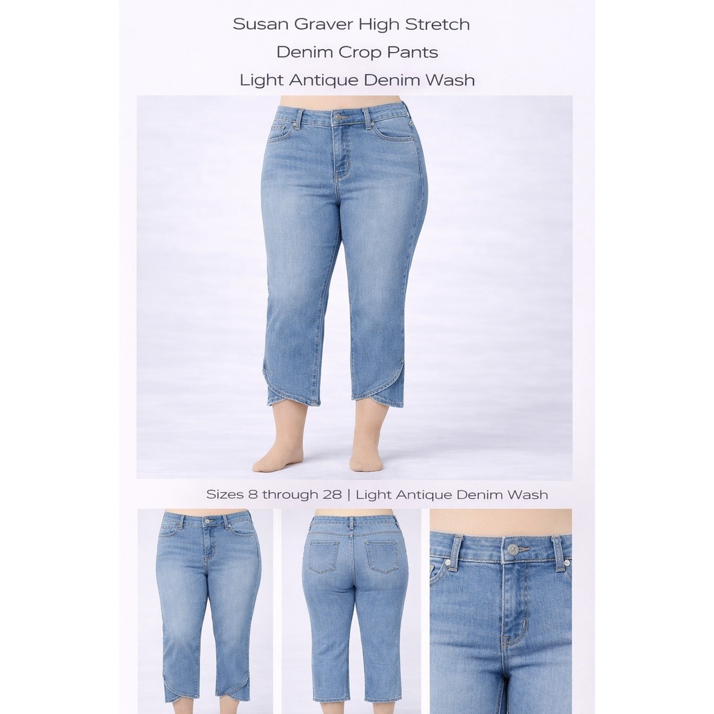 Susan Graver Malibu Denim High Stretch Crop Pants Tulip Hem Light Wash 28W NEW‎